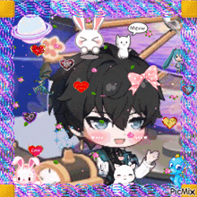 a picture of a boy with a bunny on his head and the word meow on it
