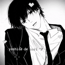 a black and white drawing of a man in a suit and tie with the name yoshida de cori written below him