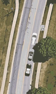 an aerial view of a speed limit of 25 on a road