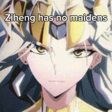 a close up of a cartoon character with the words `` ziheng has no maidens '' written on it .