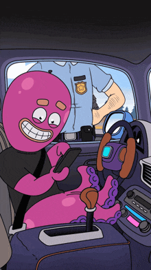 a cartoon drawing of a police officer talking to a pink octopus