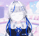 a girl with white hair and blue ribbons on her hair is wearing headphones