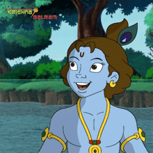 a cartoon drawing of krishna balram with a peacock feather on his head