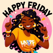 a cartoon illustration of a woman wearing a yellow shirt that says happy friday