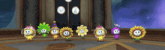 a group of cartoon characters are standing in a room with a clock in the background