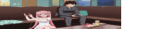 a man and a girl are playing video games on a couch .
