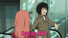a man and a woman are standing on an escalator and the words hop on bar are written in pink