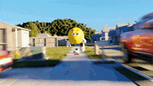 a cartoon character riding a scooter down a sidewalk