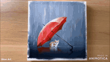 a painting of a cat under a red umbrella made in animatica