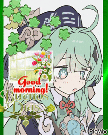a picture of a girl with flowers and the words good morning on it