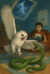 a painting of a boy sitting on a bean bag chair looking at an owl and a snake