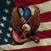 a bald eagle with its wings outstretched against an american flag background