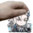 a hand is holding a cartoon character 's head .