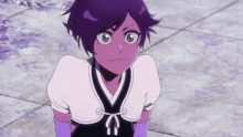 a girl with purple hair is wearing a white shirt
