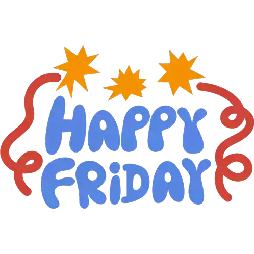 Happy Friday Yellow Stars With Red Streamers Around Happy Friday In Blue Bubble Letters Sticker - Happy Friday Yellow Stars With Red Streamers Around Happy Friday In Blue Bubble Letters Tgif Stickers