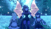 a group of anime characters are standing in a field of blue flowers