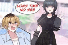 a boy and a girl are standing next to each other and the girl is wearing a black skirt .