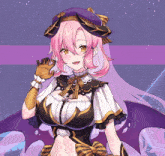 a girl with pink hair and a purple hat