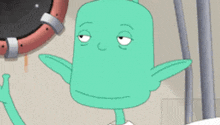 a cartoon character with green ears and a red and white shirt