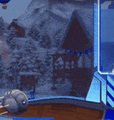 a blue sign that says " obedienthare8968 " in front of a snowy scene