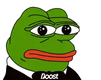 a green frog wearing a tuxedo and a bow tie has the word boost on his chest
