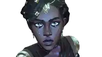 a close up of a woman 's face with a gold necklace on her head