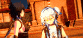 two anime girls are standing next to each other in front of a building .