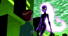 a man is standing next to a purple alien