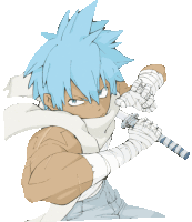 a man with blue hair is holding a sword in his hand