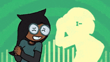 a cartoon drawing of a girl with glasses and a shadow of a man with the letter i on it