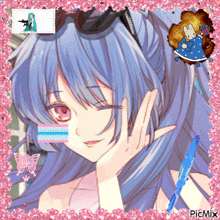 a picture of a girl with blue hair is surrounded by pink glitter and has the word picmix at the bottom