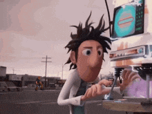 a cartoon character is standing in front of a computer screen that says ' start '