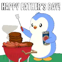 a happy father 's day greeting card with a penguin grilling food