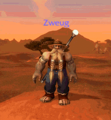 a video game character named zweug stands in a desert