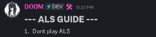 a screenshot of a doom dev 10:22 pm als guide dont play als