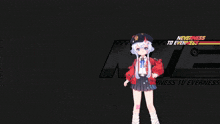 a girl in a red jacket stands in front of a black background that says neverness to everness