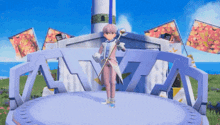 a cartoon character is standing in front of a sign that says " a "