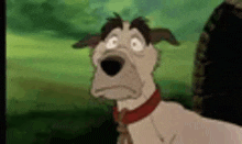 a cartoon dog with a red collar is looking at the camera with a sad look on his face .