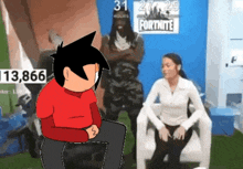 a cartoon of a man and a woman sitting in front of a fortnite sign