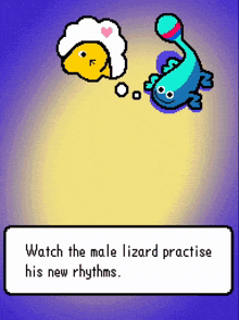 a pixel art of a lizard and a sheep with the words watch the male lizard practice his new rhythms