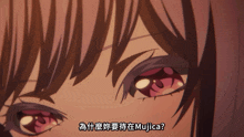 a close up of a girl 's eyes with mujica written below