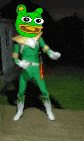 a cartoon of a frog in a green outfit