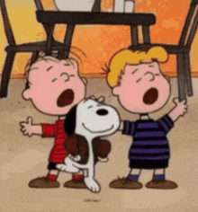 a cartoon of snoopy and his friends singing a song .