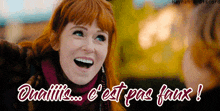 a woman with red hair is smiling with the words qualite c'est pas faux at the bottom