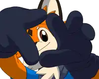 a cartoon of a fox with a blue glove on its head