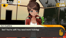 a screenshot of a video game with a girl named aoi asahina talking