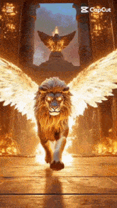 a lion with wings is running in front of a statue of a bird .