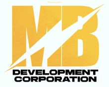 a yellow mb development corporation logo with a white lightning bolt on it