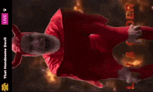 a poster for the handsome devil shows a man in a red suit with horns