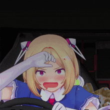 a girl with blonde hair and pink eyes is sitting in a car with a hand on her forehead